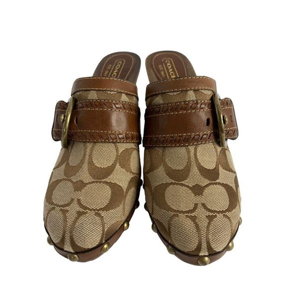 Coach Sable Brown Logo Clogs Size 6.5M Leather Stud Wood 90's EUC Y2K 6057 - Picture 1 of 13